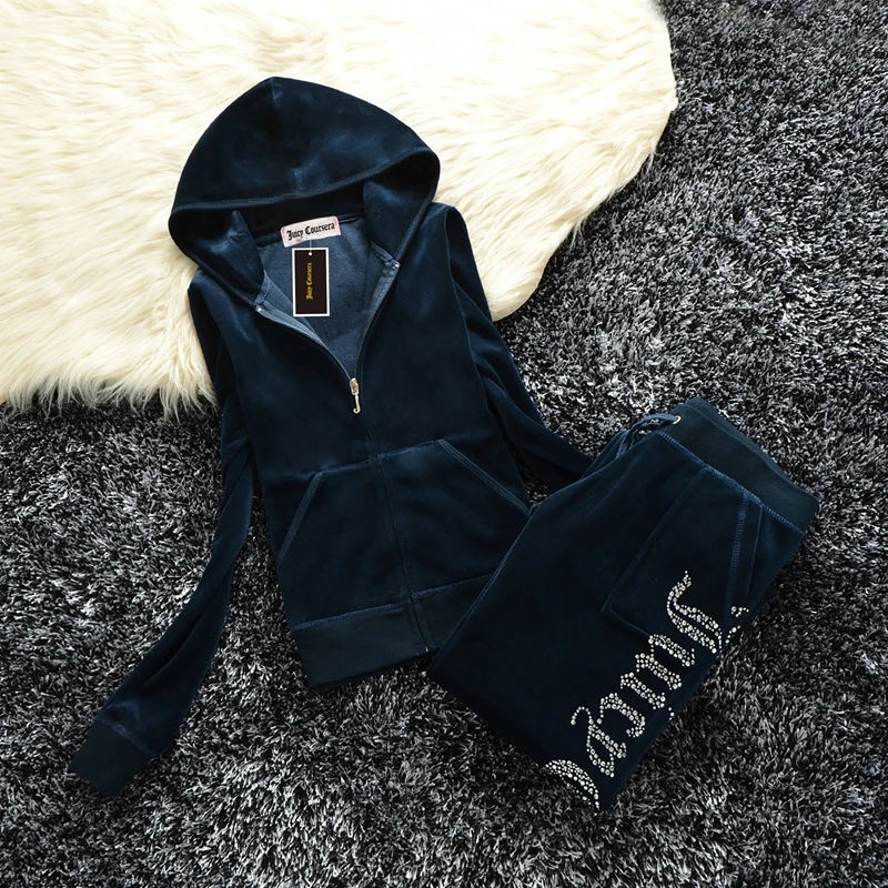 Juicy-Conjunto de Hoodies e Calças Femininas com Zíper Veludo, Roupas Elegantes, Fato de Treino, Marca Fashion, 2 peças