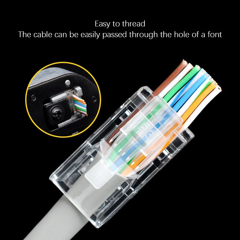 ขั้วต่อ RJ45 6U ทอง platedpass ผ่านสายอีเธอร์เน็ตโมดูลปลั๊กเครือข่าย RJ-45หัวคริสตัล Cat5 Cat5e