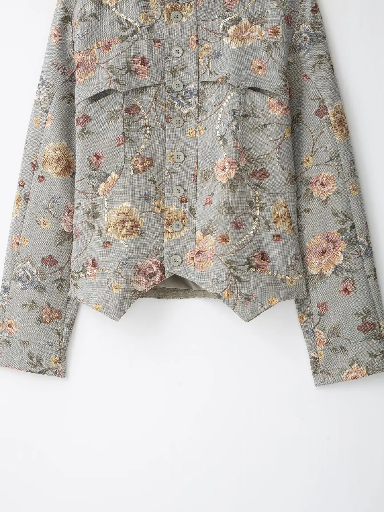 TFMLN 2026 Damen Pailletten-Blumenjacke Stehkragen Knopfleiste Vorne Elegante Lässige Oberbekleidung Mode Neue Schlanke Passform Bedruckter Kurzer Mantel – Detail 7