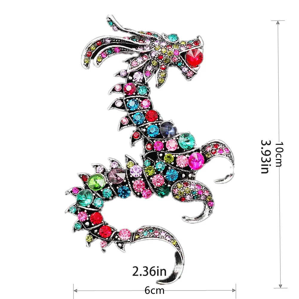 Vintage Alloy Colored Rhinestone Dragon Brooch High Quality Animal Corsage Pin Personality Clothing Accessory Crystal Badges