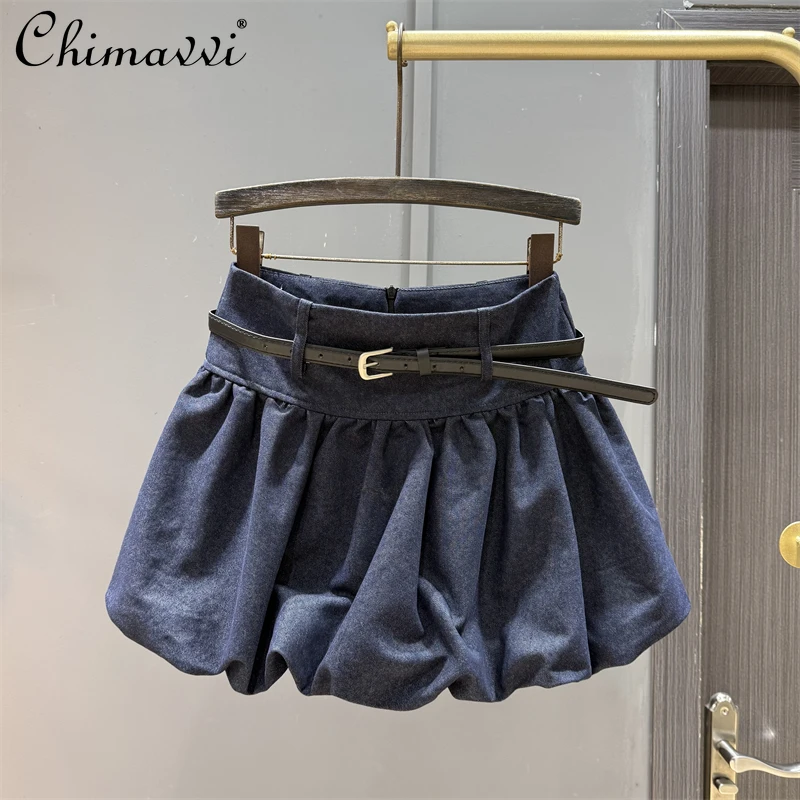 

2025 Autumn Clothes New Fashion Puffy Flower Bud Skirts Sweet Girls High Waist Slimming Anti-Exposure Denim Short Skirt Women