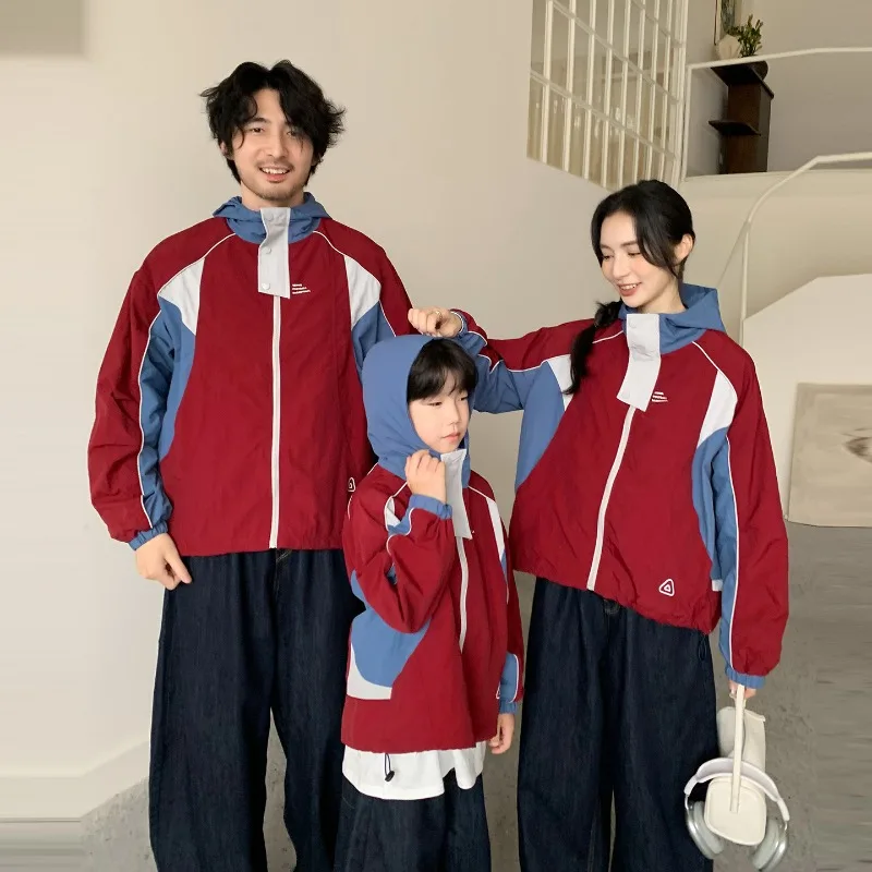 Family Matching Outfits Color Block Hooded Jacket Parent Child Workwear Coat Dad Mom Son Daughter Zip Up Outdoor Windbreaker