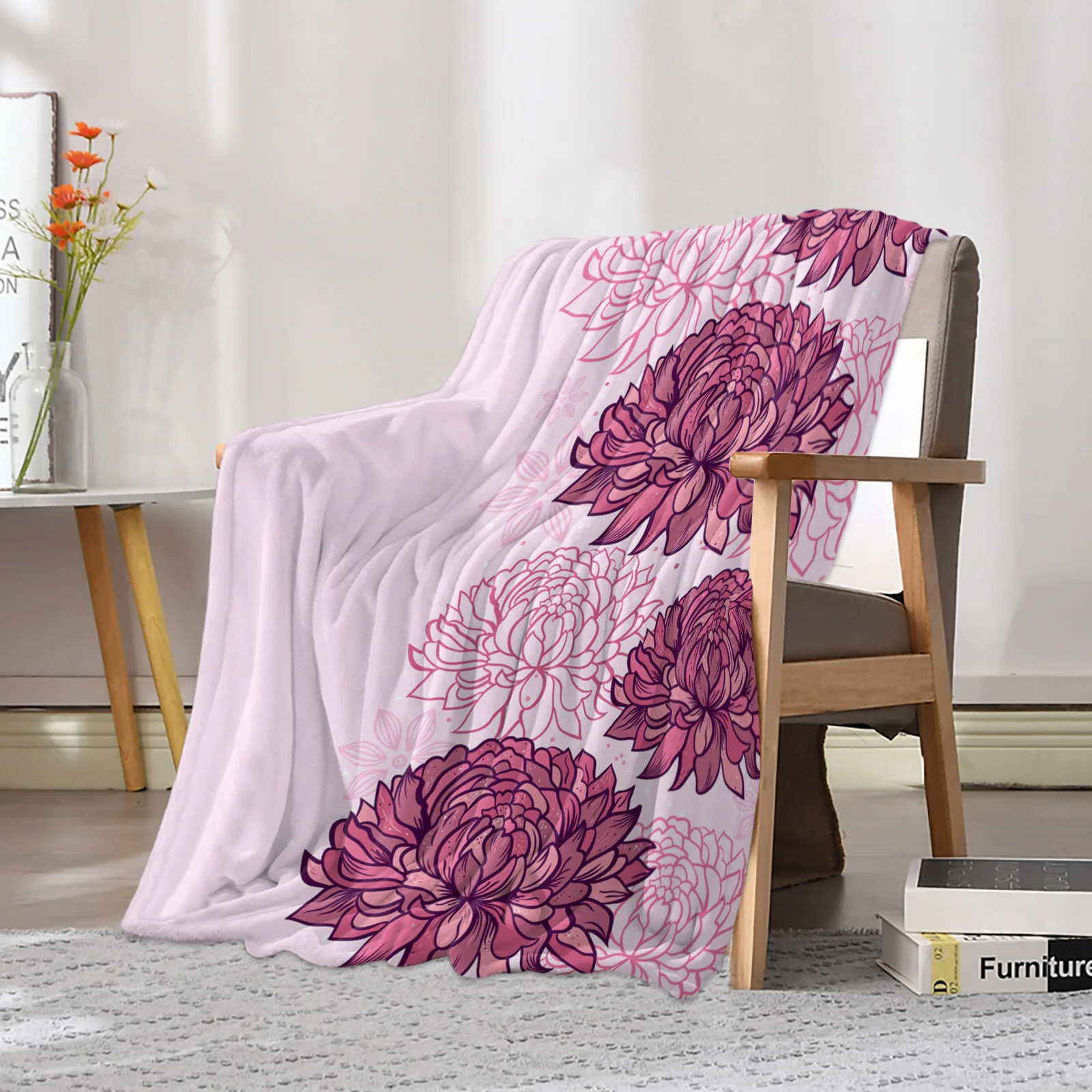 Pink Chrysanthemum Flower Texture Printed Throw Blanket Flannel Fleece Blankets Soft Throws for Sofa Couch Bed Bedroom Bedspread