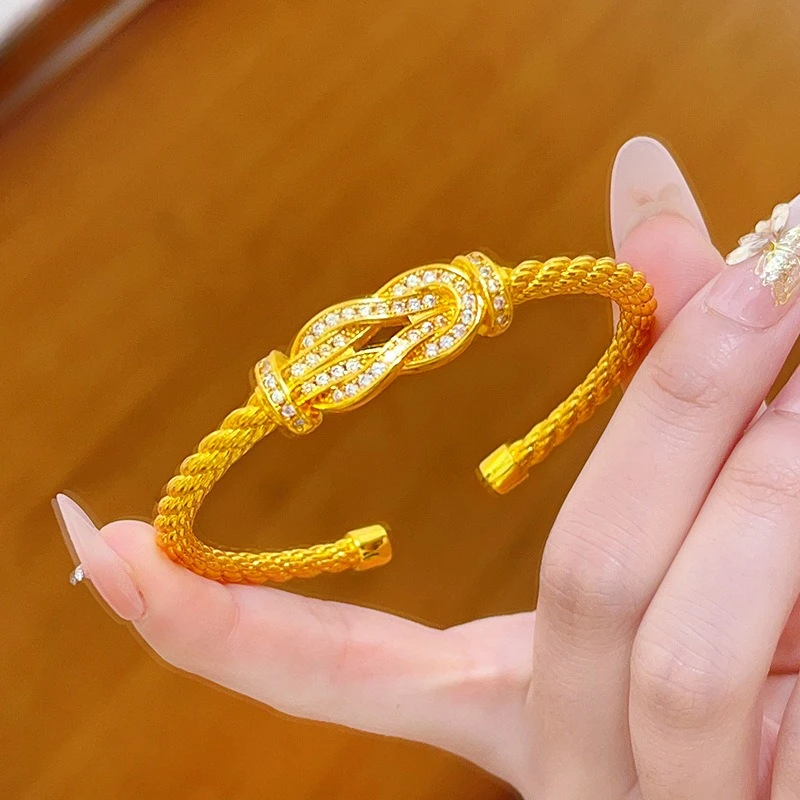 

Real 18kt Gold Color Horseshoe Buckle Fried Dough Twists Bracelet Bangle for Women Fine Birthday Wedding Jewelry Gifts