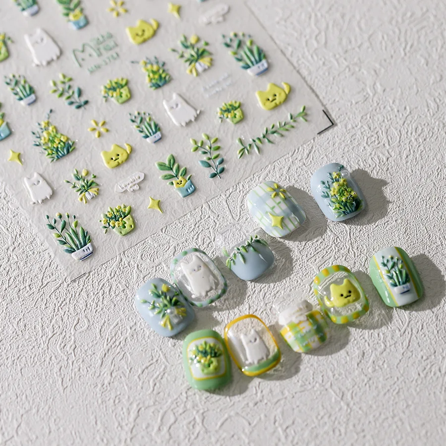 1pcs Lovely Cat Green Potted Plant Flowers Nail Stickers 5D Embossed Self Adhesive Nail Art Stickers 3D Cute Cat Manicure Decals