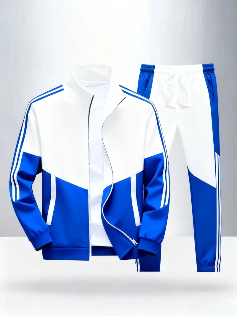 Male Multi‑Tone Athletic Tracksuit 2Pcs Outfit Contrast Panel Striped Zip Stand Collar Outerwear Drawstring Cuffed Jogger Trouse