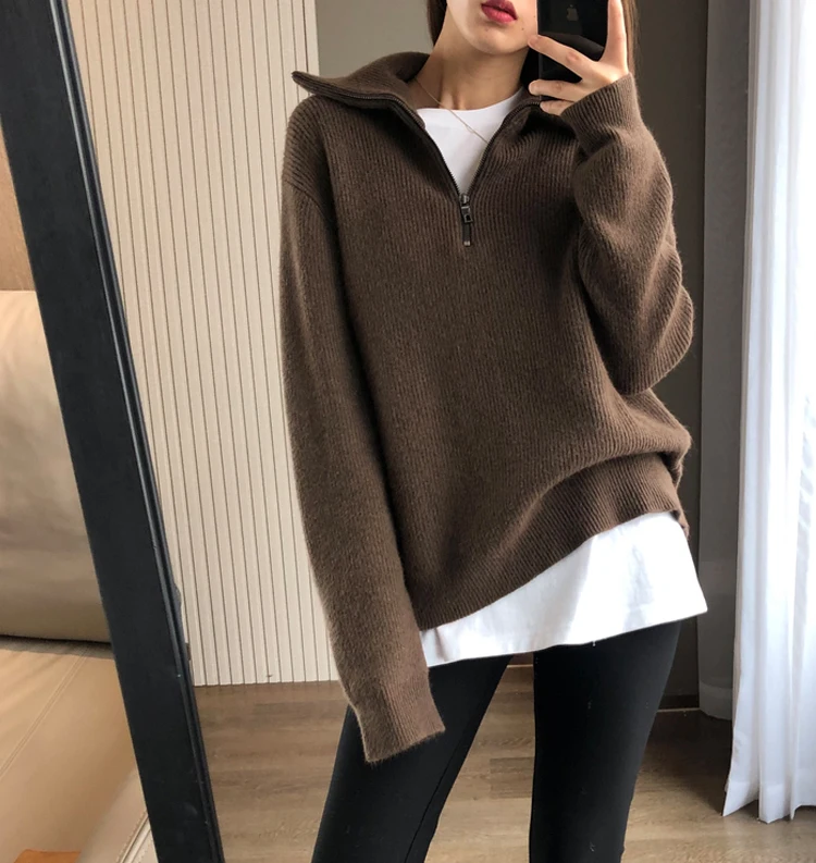 Autumn and winter new cashmere sweater women's high-necked zipper plus size sweater loose polo neck knitting thickening