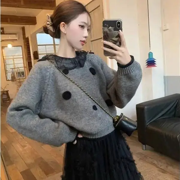 

Korean Sweater Women Retro French Style Soft Waxy 2024 Autumn Winter New Style Spliced ​​Loose Long-Sleeved Knitted Top Trendy