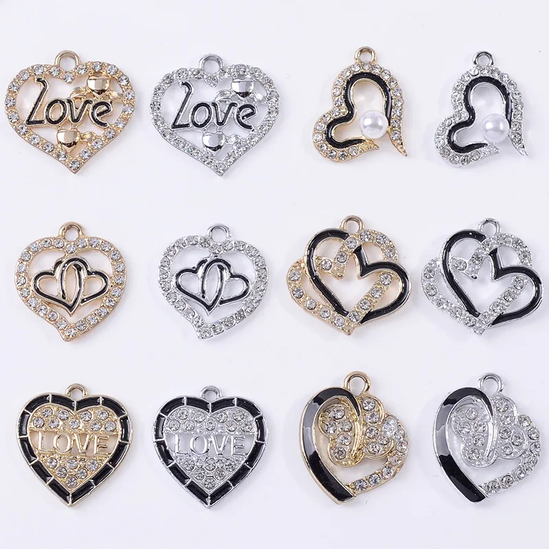 

10 Pcs/Lot New Heart-shaped Alloy Accessories Accessories Simple Diamond Lace Love Color Pendant DIY Fashion Earrings Button