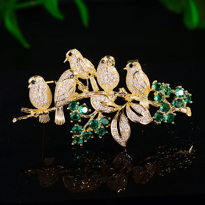 Ethnic Style Magpies on The Branches Broochpins Exquisite Temperament Zircon Bird Brooches for Family New Year Gift Jewelry