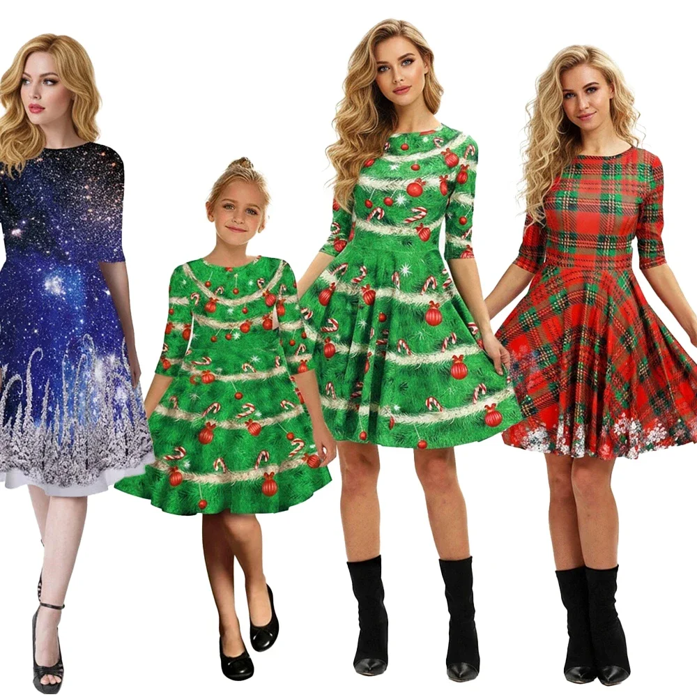 

Women Christmas Dress Christmas Tree Theme Outfit 3D Digital Print Starry Sky Plaid Pattern Print Flared Skirt Casual Home Dress