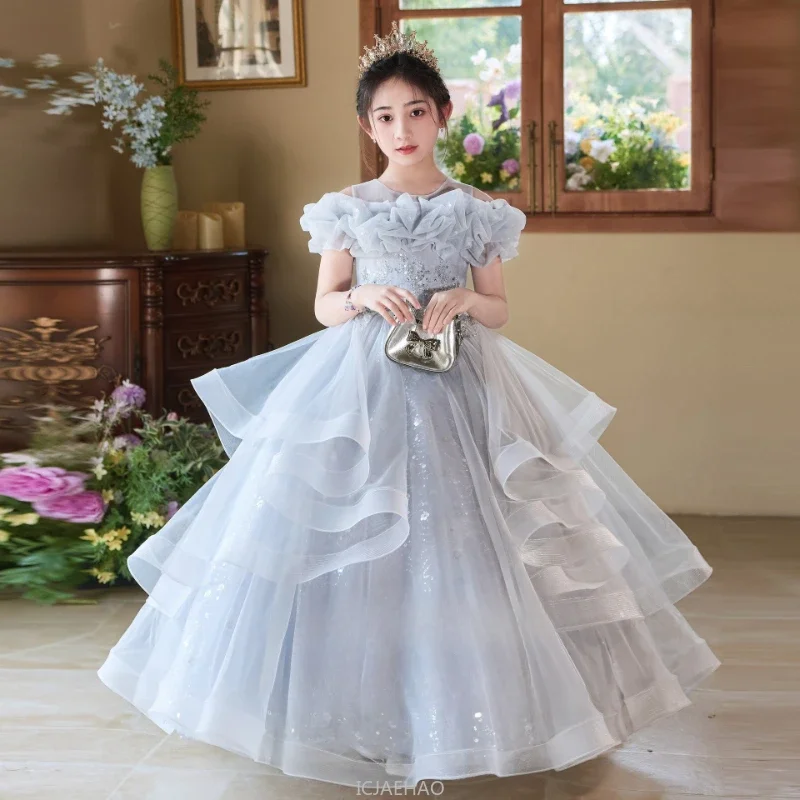 

Роскошное платье принцессы для девочек 2025 года, официальная одежда для дня рождения, детское длинное стильное элегантное роскошное вечернее платье для выступлений на фортепиано