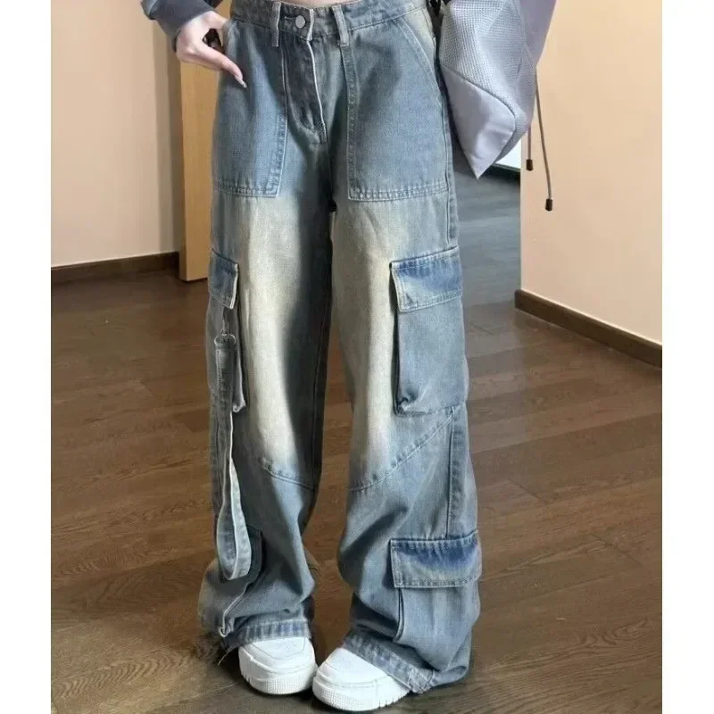 Jean femme poches épissées Cargo pantalon Denim lavé taille haute pleine longueur Jean ample solide basiques Patchwork en détresse