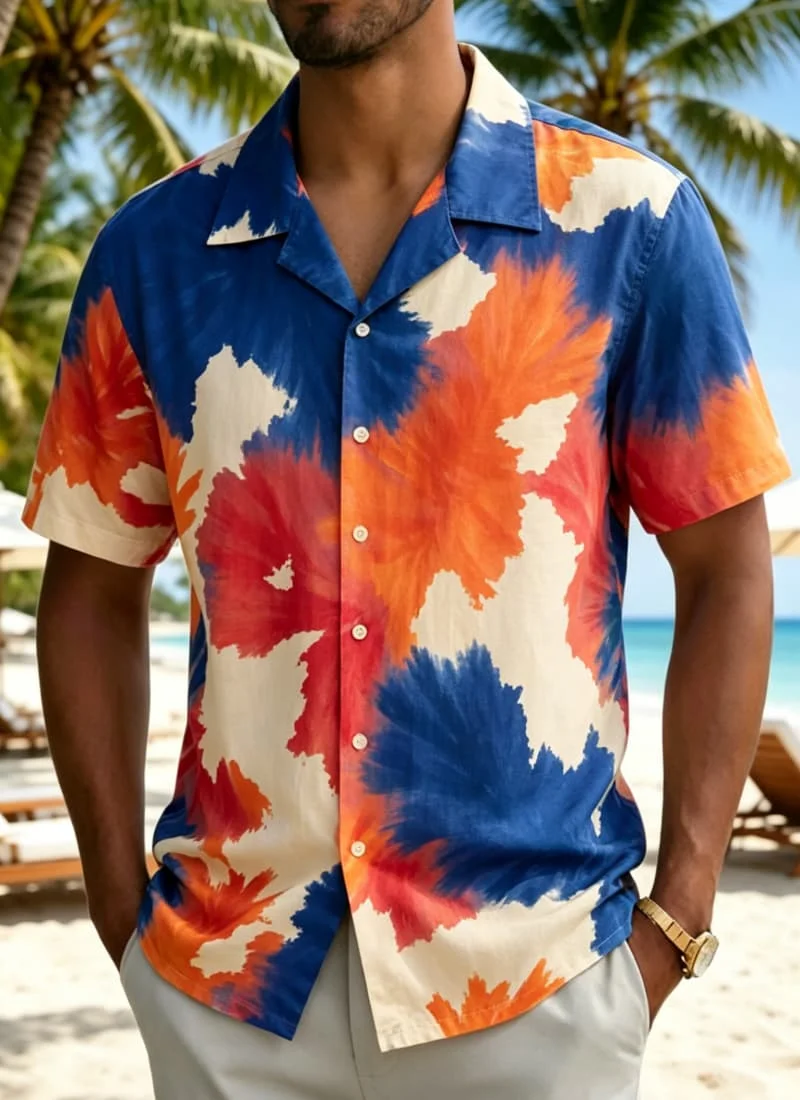 Men's gradient tie dye printed Hawaiian shirt, suitable for summer beach travel, daily wear, parties, and weekend vacations