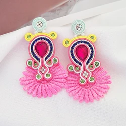 Soutache weaving Lace Dangle earrings for women Fashion fine shiny crystal Colorful Long Earring blue pink violet beautiful gift