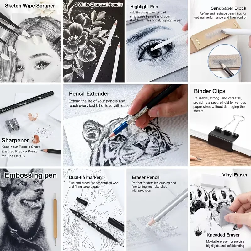 38/60/68pcs Sketching Pencil Set | Graphite, Charcoal, Blending Tools, Double Color Pencils for Professional Artistic Use