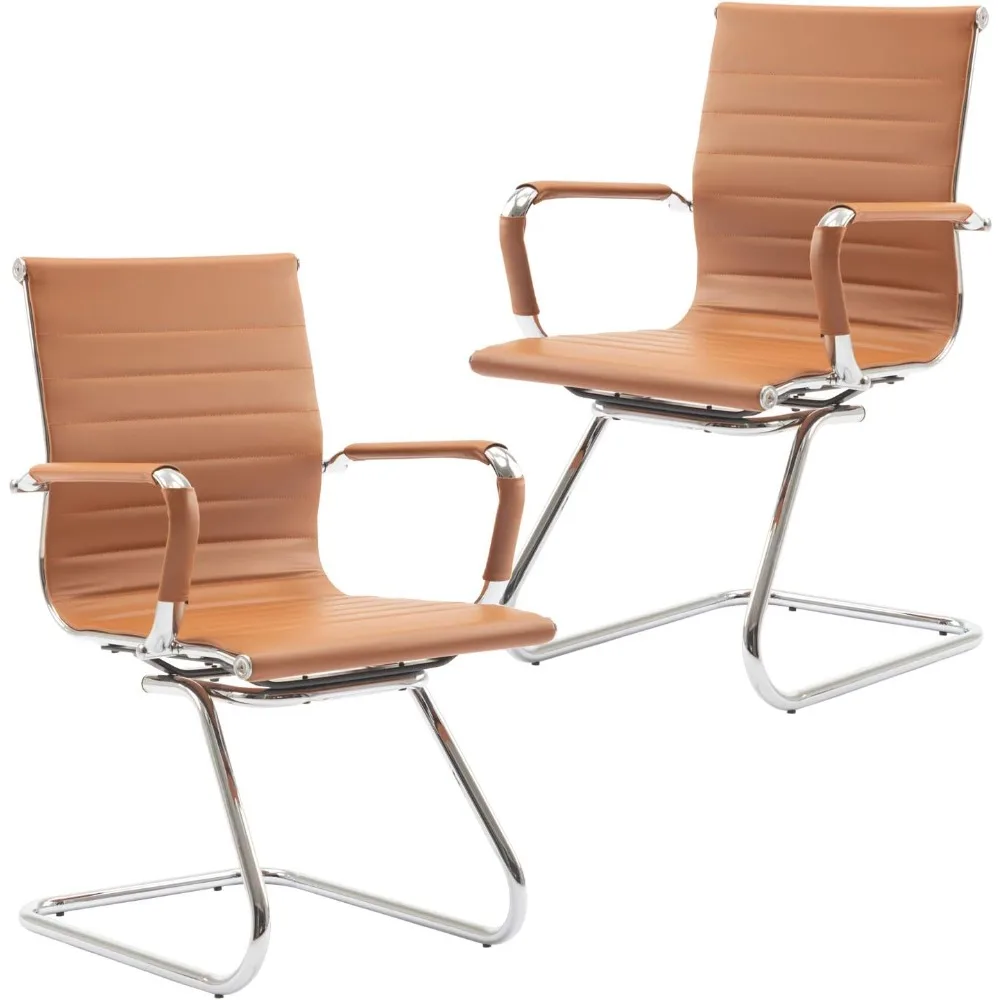 

Office Guest Chairs No Wheels & Reception Chairs, Leather Waiting Room Chairs Mid Back Conference Chairs with Sled Base