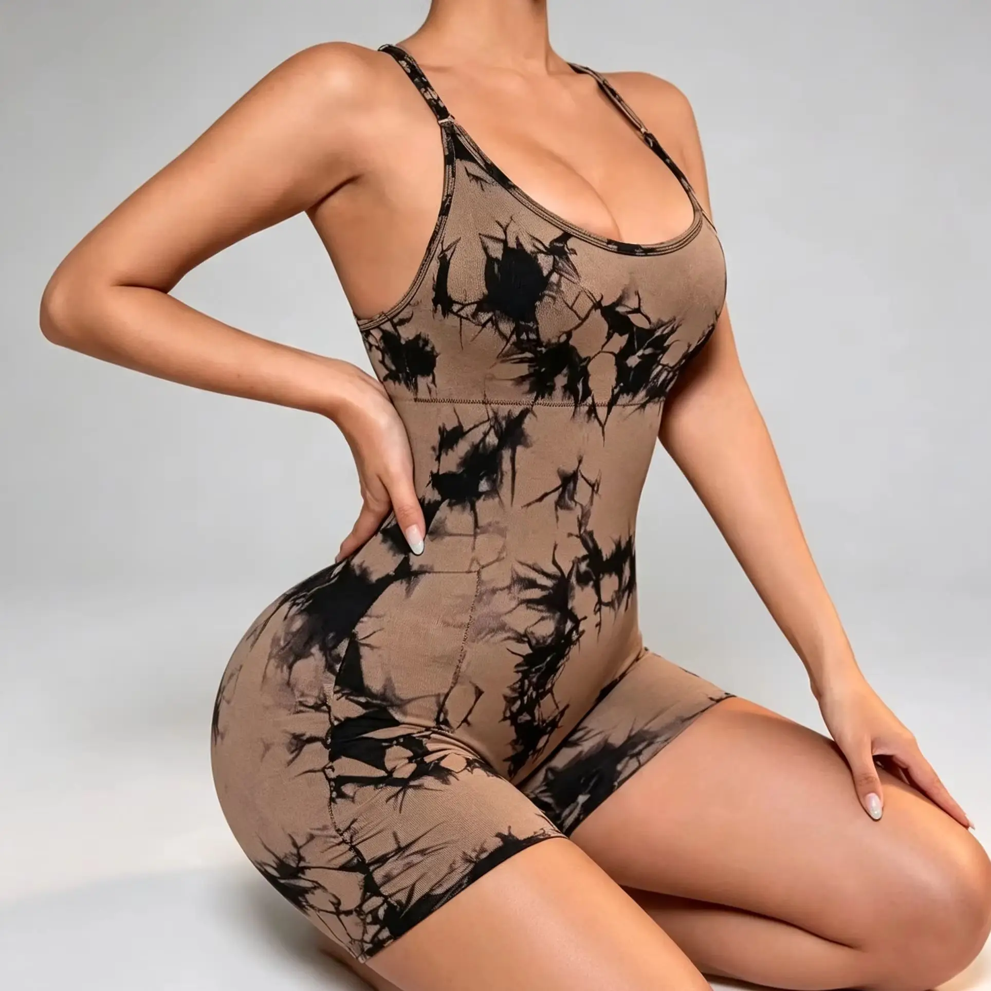 Women Tie Dye Seamless Yoga Jumpsuit Criss Cross Backless Butt Lifting Workout Romper Gym Fitness One Piece Bodysuit