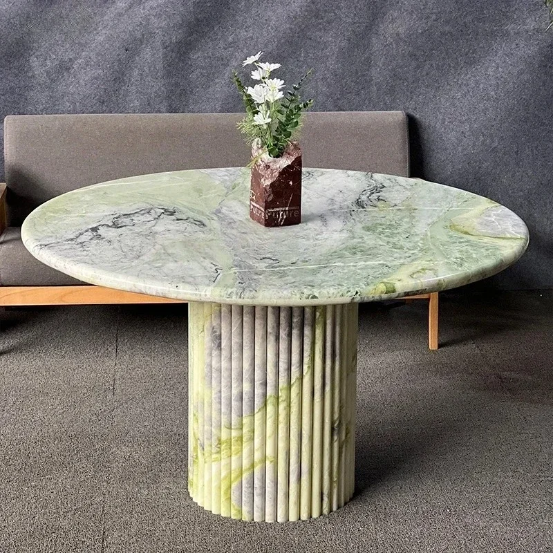Simple light luxury natural green marble round dining table home modern Roman column