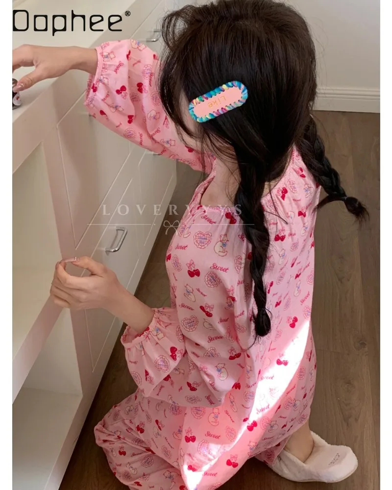 Korean Cute Soft Girl Bow Print Long-sleeved Trousers Two-piece Set Thin Pleated Cotton Round Neck Button Women Home Pajamas