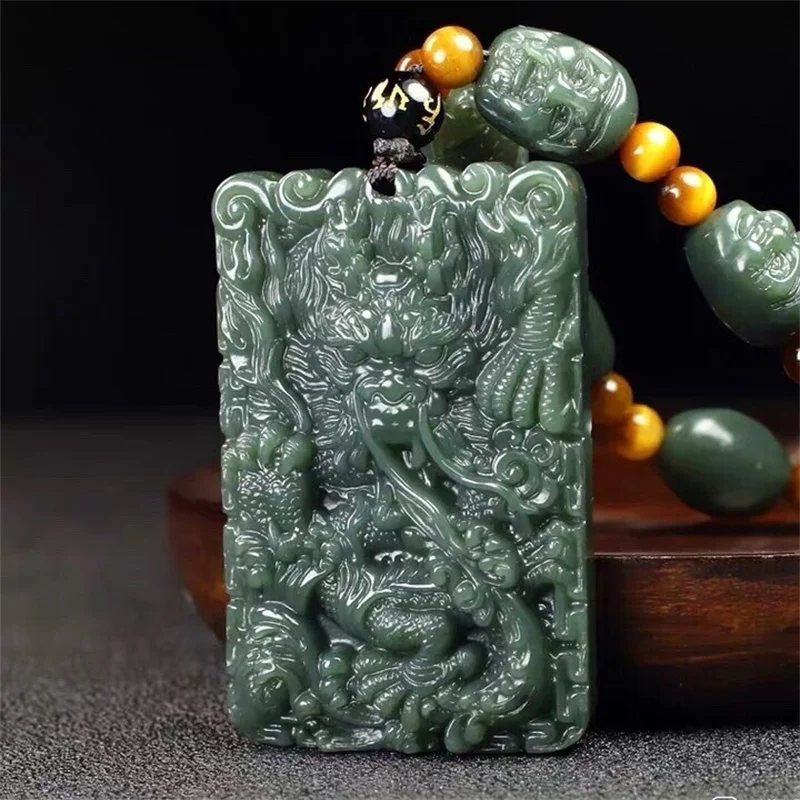 Mai Chuang/Hand Carved/He Tian/Cyan Jade Zodiac Dragon Brand Necklace Pendant Fashion Elegant Jewelry Men Women Couple Gift