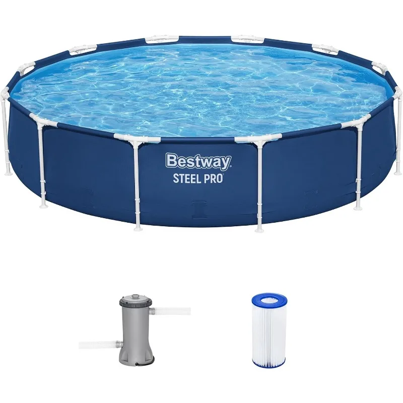 Steel Pro 12 feet x 30 inches Round Above Ground 1,710 Gallon Pool Set with DuraPlus Liner, 530 Gallon Pool Filter, and Repair
