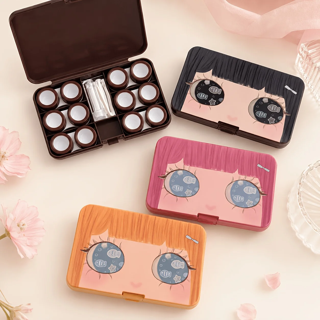 Cute Girl Print Contact Lens Case with Mirror, Large‑Capacity Storage Box for 6 Pairs Colored Lens, Portable Lens Care Container