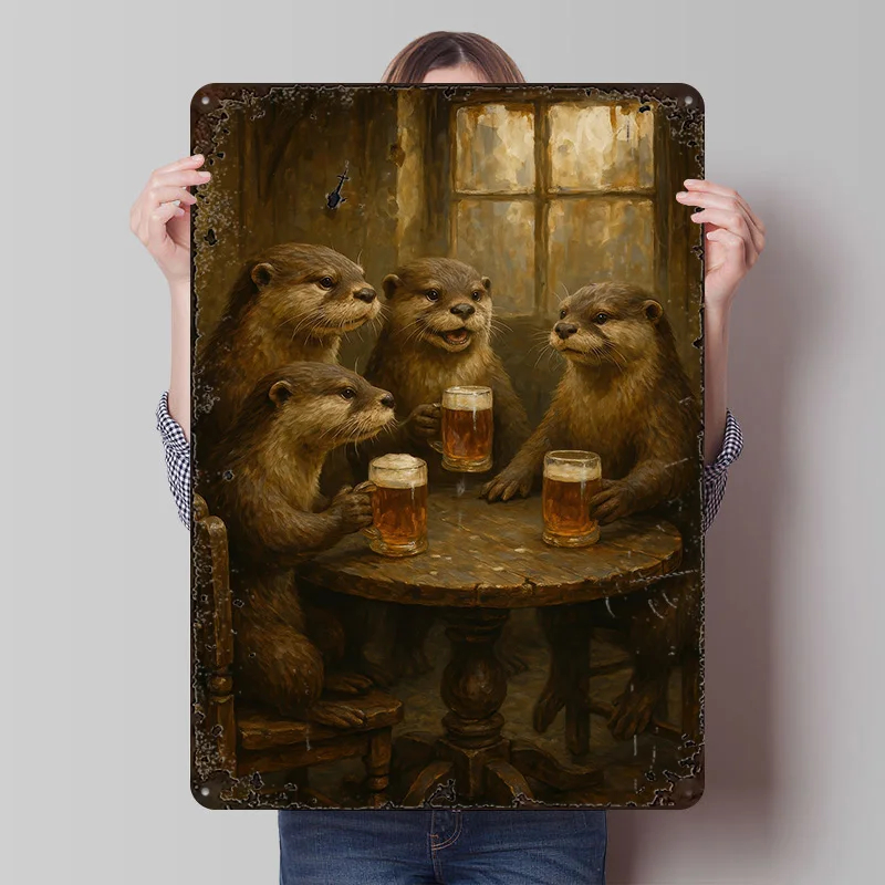 Otters Drinking Beer At a Table Printing Poster Customized Retro Wall Art Vintage Metal Signs for Mancave Decoration Garage Home