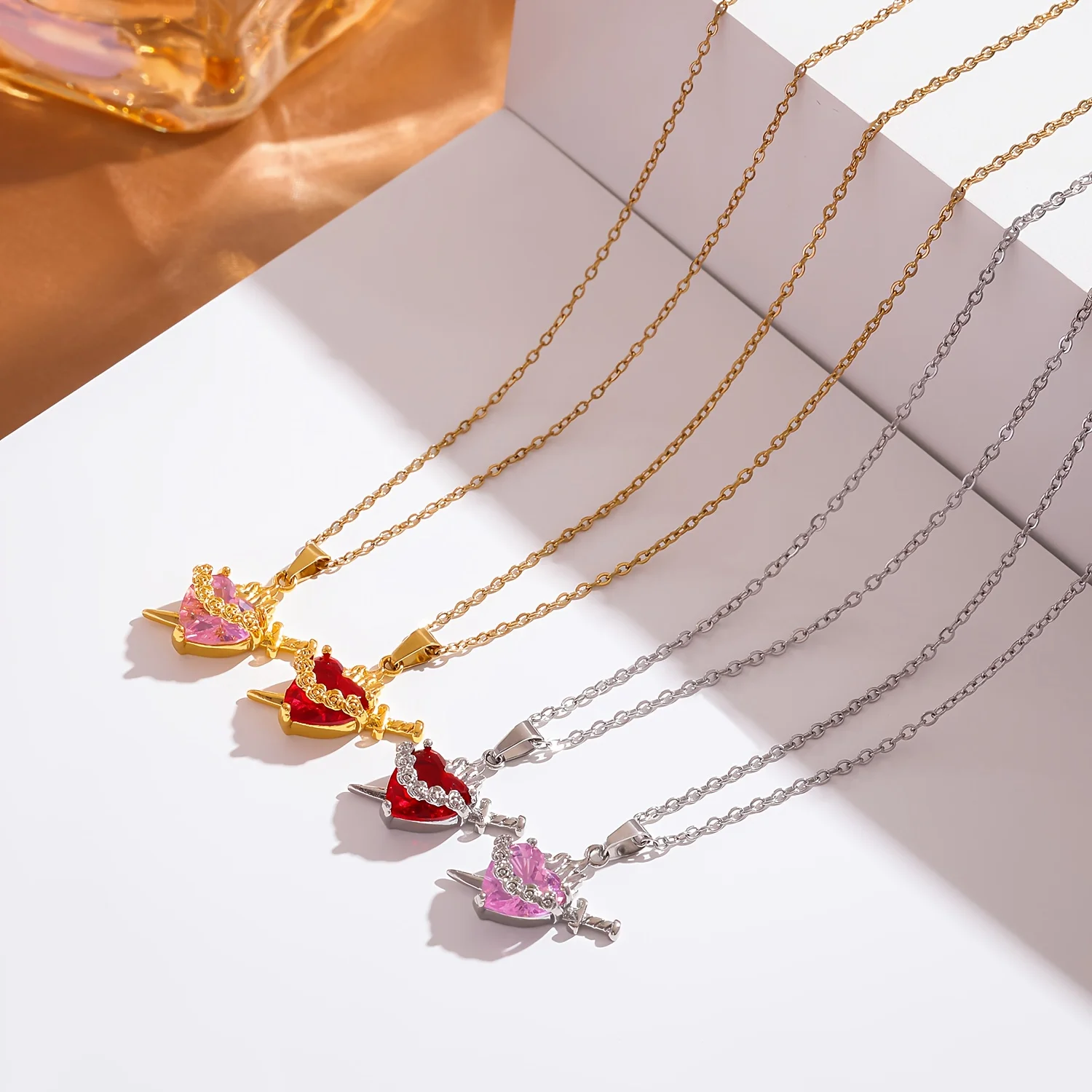 Elegant Silvery Golden Chain Necklace with Heart Sword Design Featuring Synthetic Zircon Stones in Multiple Colors for Everyday