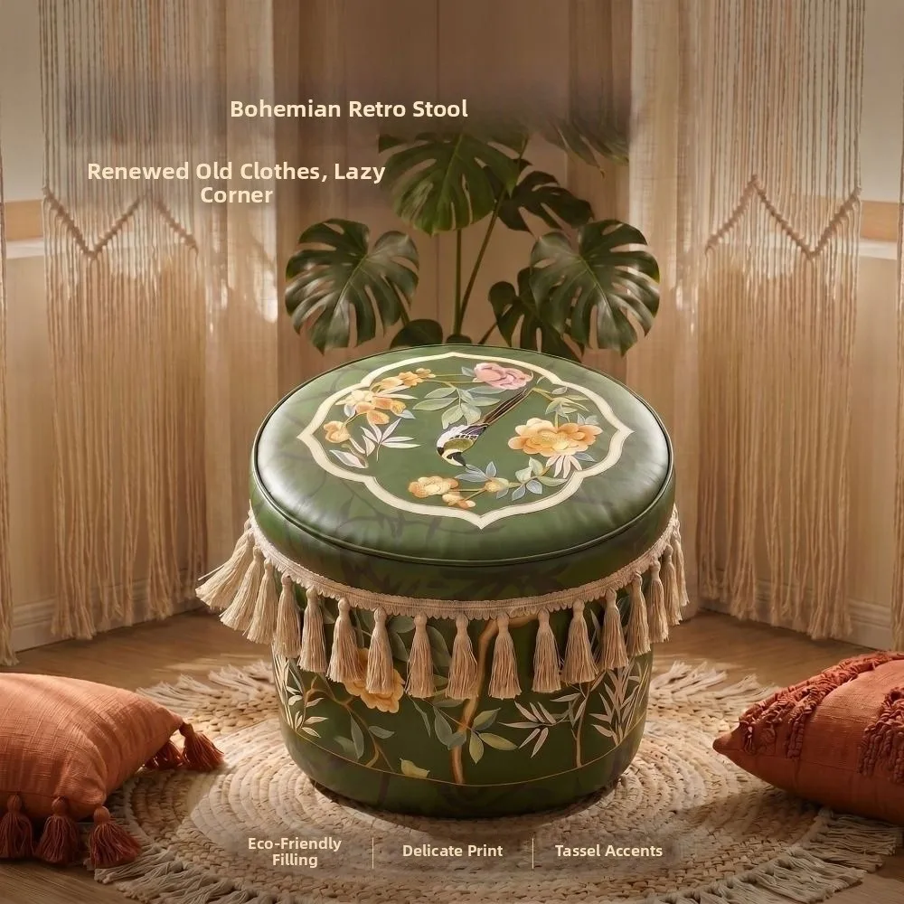 New Boho Pattern Ottoman Pouf Green PU Leather Footstool Cover Water Resistant Large Opening Round Pouf Cover Home Use
