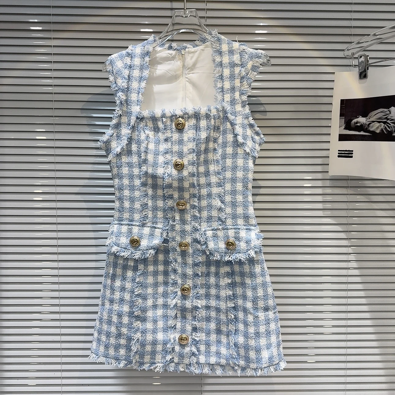 

2025 Summer New Arrival: Tweed Plaid Dress with Metal Buttons and Raw Edges, Exuding Elegant Socialite Charm