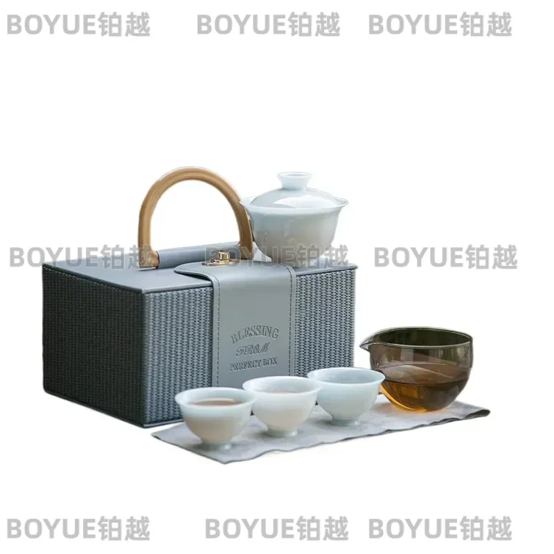 for Suet Jade White Porcelain Travel Tea Set Simple Brewing Express Customer Cup Portable Company Event Souvenir