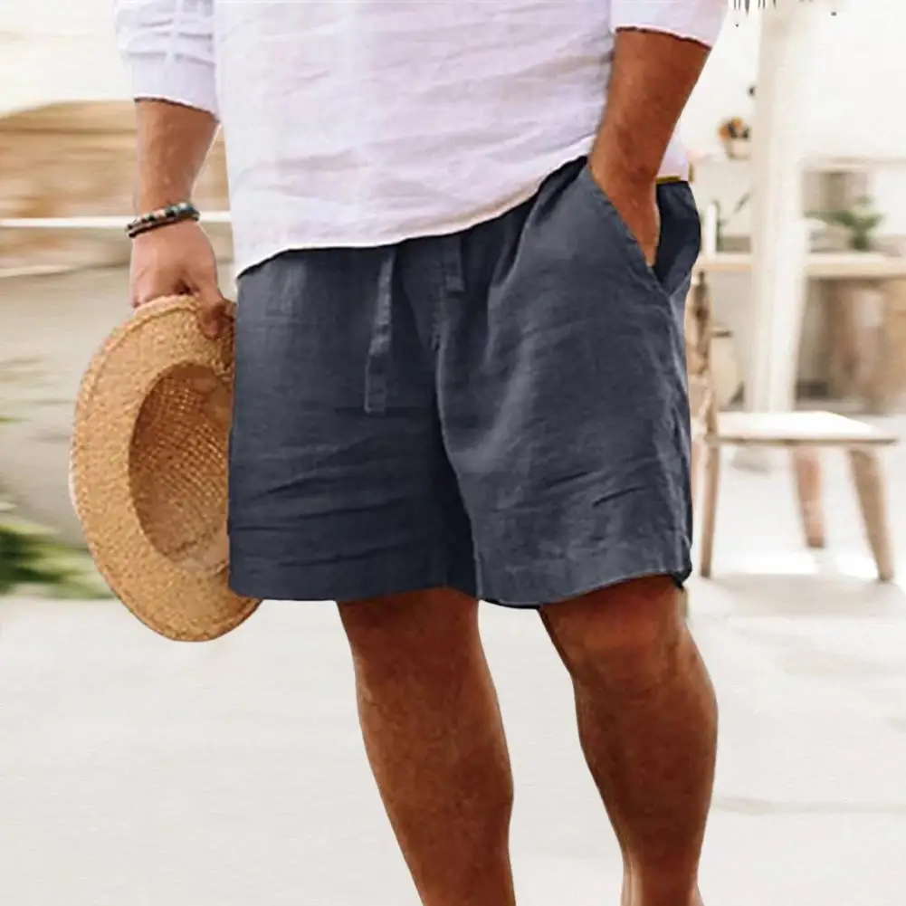 Vintage Cotton Linen Solid Color Shorts Mens Spring Summer Casual Loose Drawstring Tie-Up Short Pant Men Leisure Sea Side Shorts