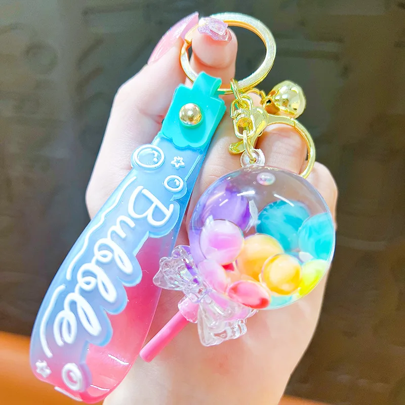 Creative Moving Jelly Bean Keychain Cute Liquid Quicksand Acrylic Bottle Keychain For Couple Bag Charm Keyring Gifts