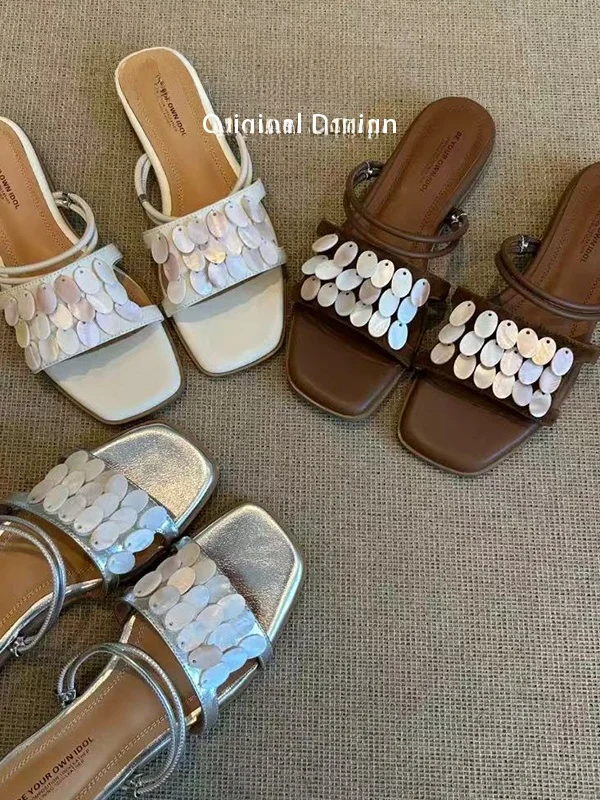 

Sheepskin Version Bright Sequin Decorated Open-Toe Sandals Women's Summer Outdoor Wear Casual Flat Heel Color Slip-On