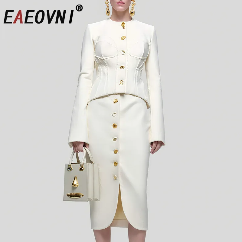 

EAEOVNI 2025 Temperament Solid Color Set For Women Back Bandage Design Button Jacket + Split Skirt Elegant Autumn New Clothing