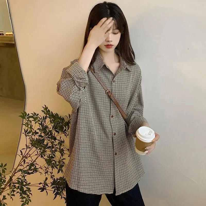 MEXZT Plaid Shirts Women Retro Turn Down Collar Long Sleeve Loose Blouses Harajuku Korean Office Lady Basic Casual Baggy Tops