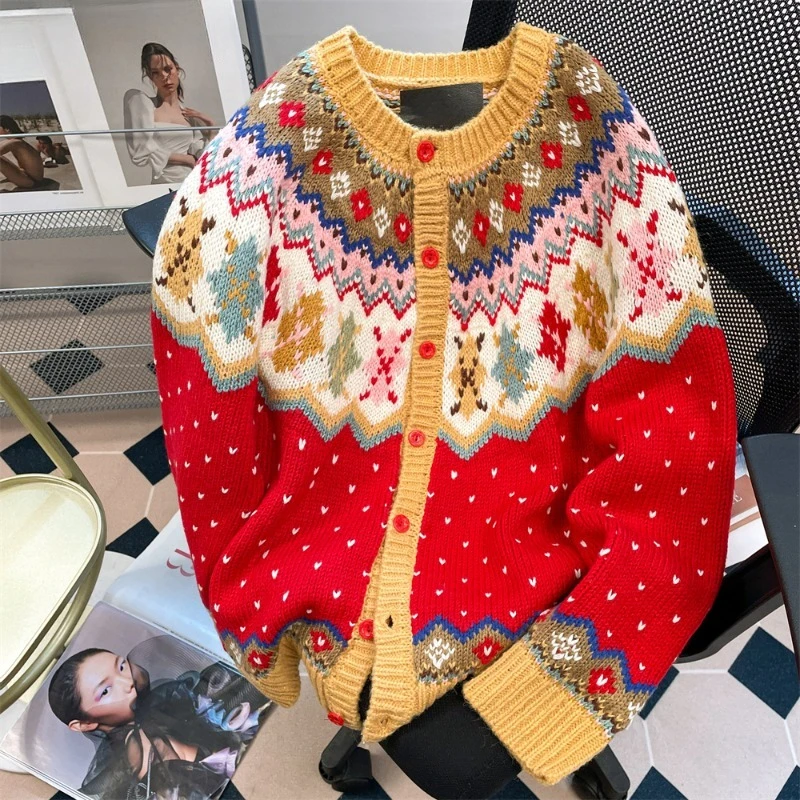 

Fashion Elegant Cardigan O Neck Single Breasted Contrast Color Jacquard Sweaters Casual Loose Knit Tops All Match Women Clothing