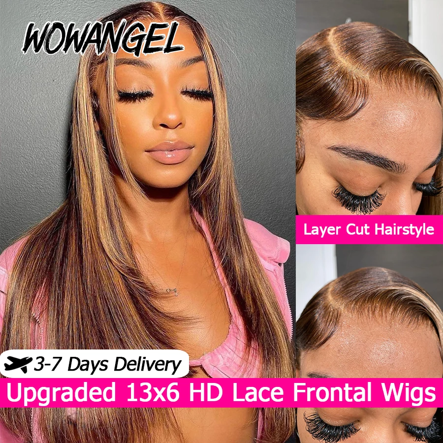 Corte em camadas 4j27 destaque perucas coloridas osso em linha reta 13x6 hd laço frontal peruca de cabelo humano pré arrancado pronto para usar peruca sem cola