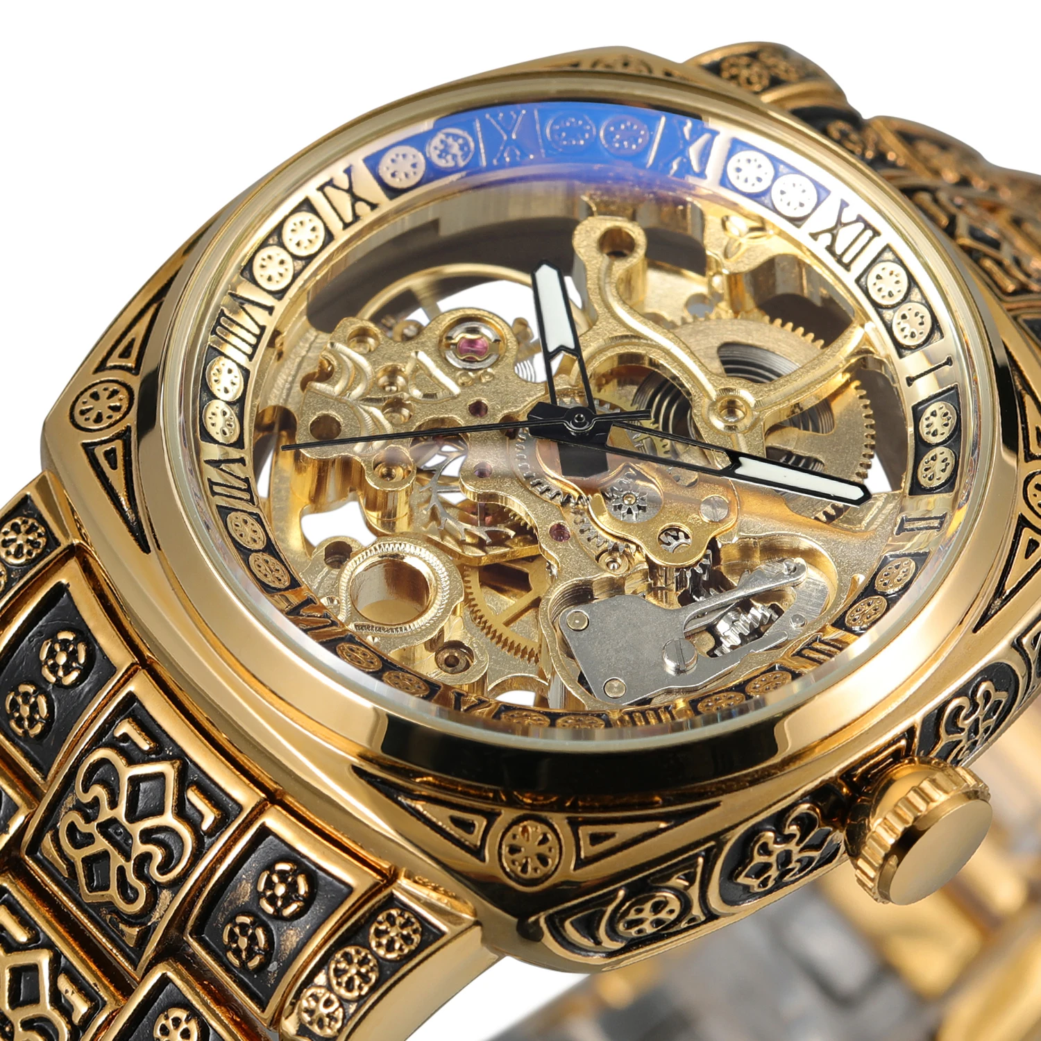 

Forsining Vintage Gold Skeleton Mechanical Watch for Men Luminous Hands Engraved Stainless Steel Strap Luxury Automatic Watches