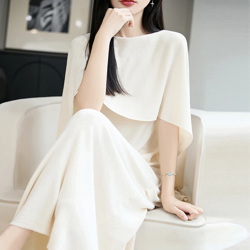 Women's Autumn Winter Wool Knitted Cloak Shoulder Wrap Dress Evening Gown Fashionable Warm Dresses for Women