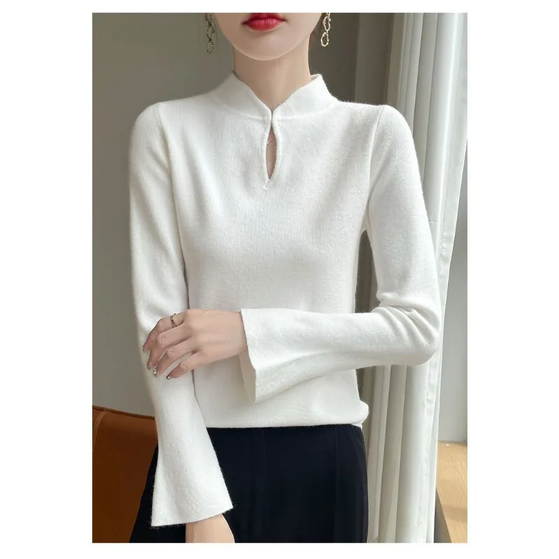 Chinesischen Stil Stehkragen Wolle Gestrickte Bodenbildung frauen Herbst und Winter Innere Tragen Design Pullover Schlanke Glocke Ärmeln
