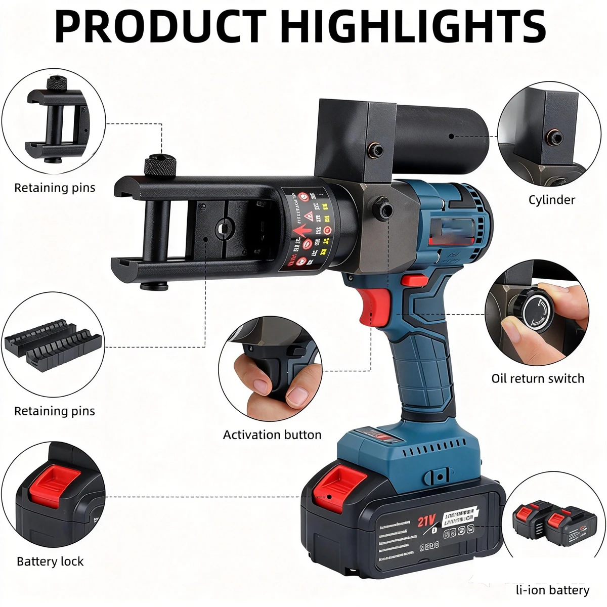 Hydraulic Crimping Tool Kit 60-120KN 18V 5.0Ah 360° Rotating Head for 16-400mm² Terminals DTL/GTL Copper Aluminum with Dies
