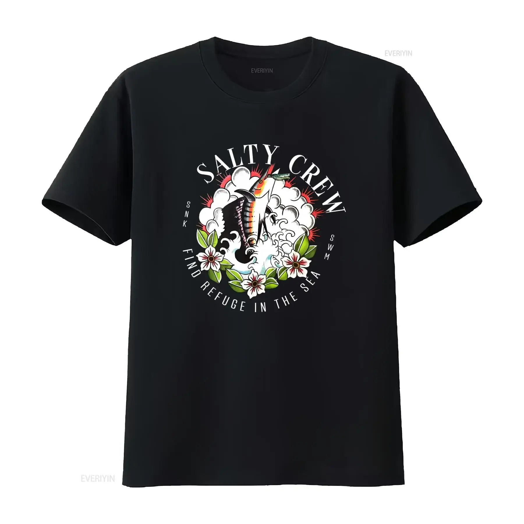 Floral Marlin Black Salty Crew T shirt for Men Medium Size Find Refuge in the Sea Design vintage Washed Stretched homme