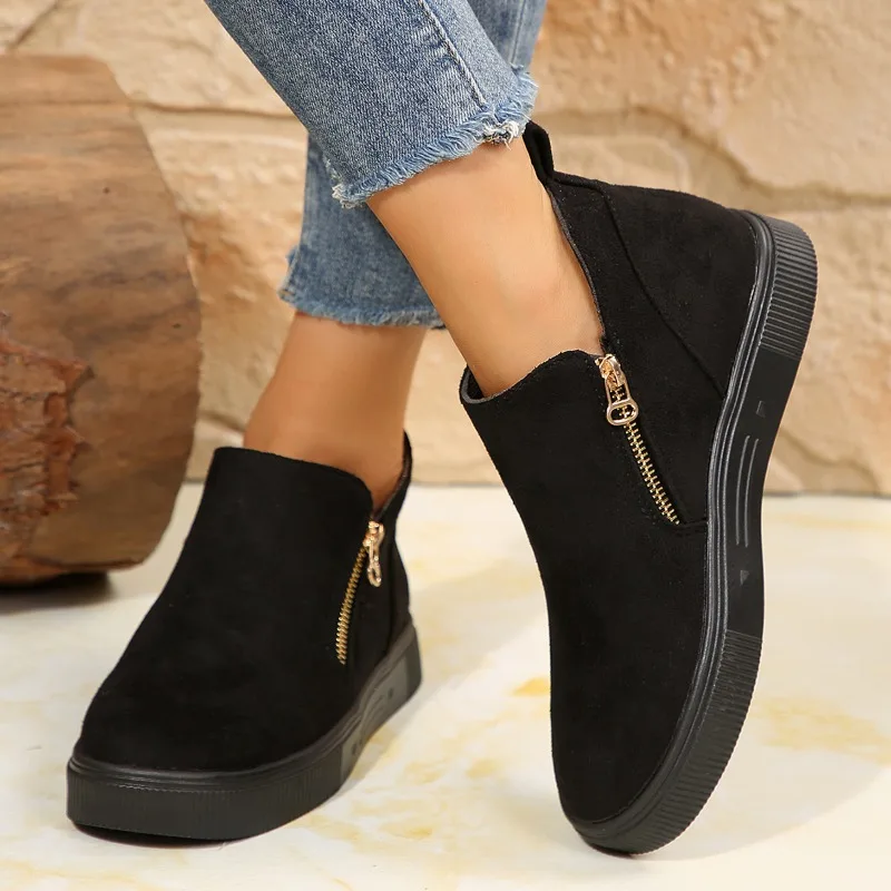 

Простые пикантные черные блестящие повседневные туфли, женские ботильоны на низком каблуке с двойной молнией, лето 202, кроссовки с круглым носком