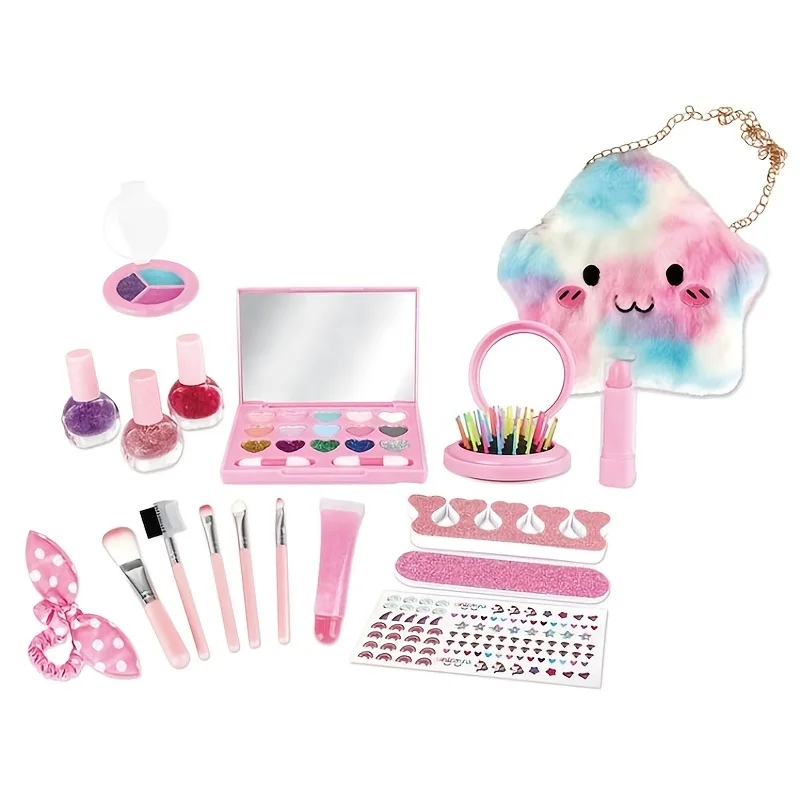 Kids Makeup Kit for Girl - 20 Pcs Real Washable Non-Toxic Girls Makeup Kit for Kids with Cute Princess Cosmetic Purse, Play Make