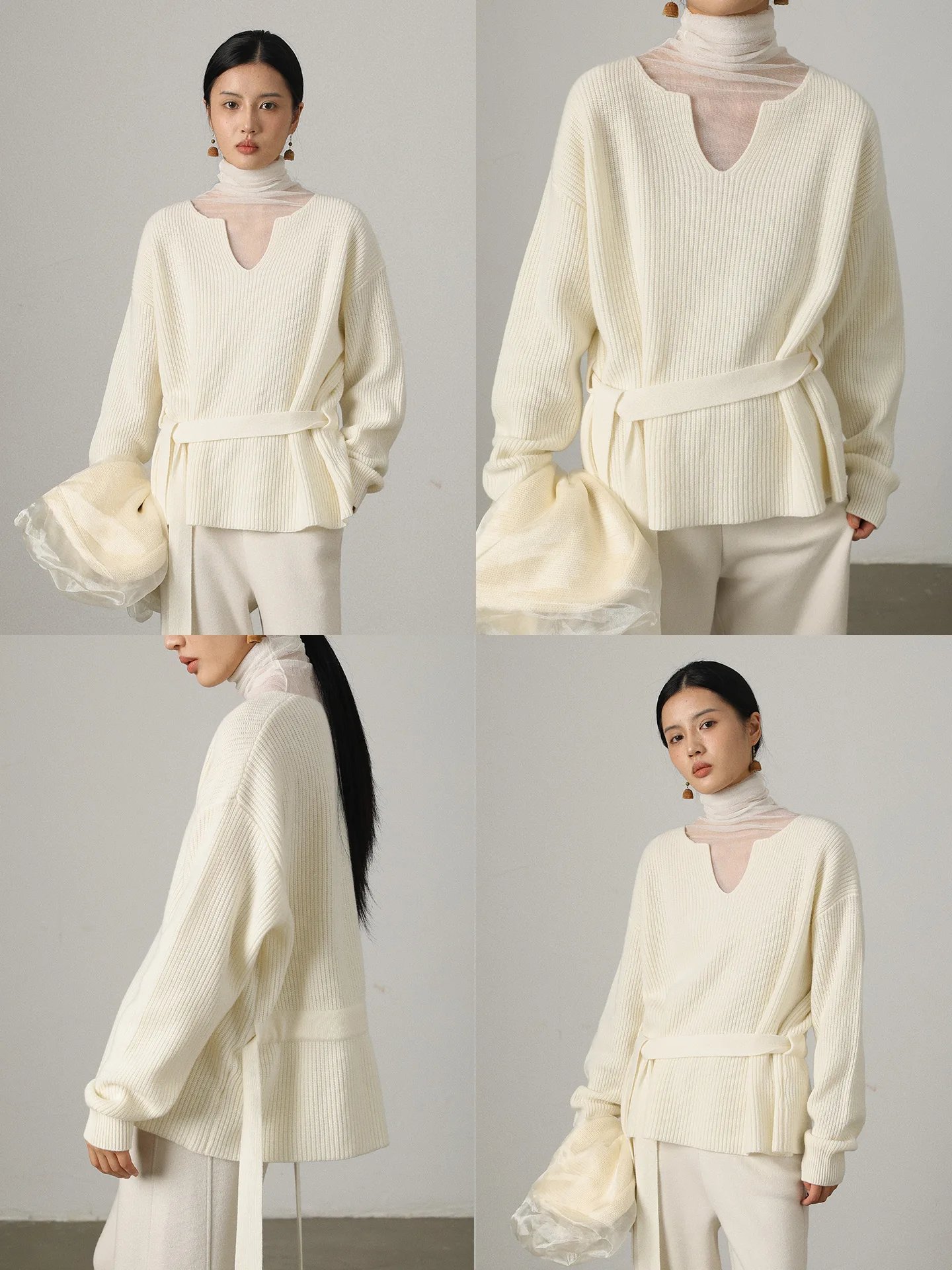 

Vimore V-Ne Knitted Wool Sweater Belted Loose Fit Lazy Feel Texture Stripe Belt Detailing Warmth for Autumn Winter