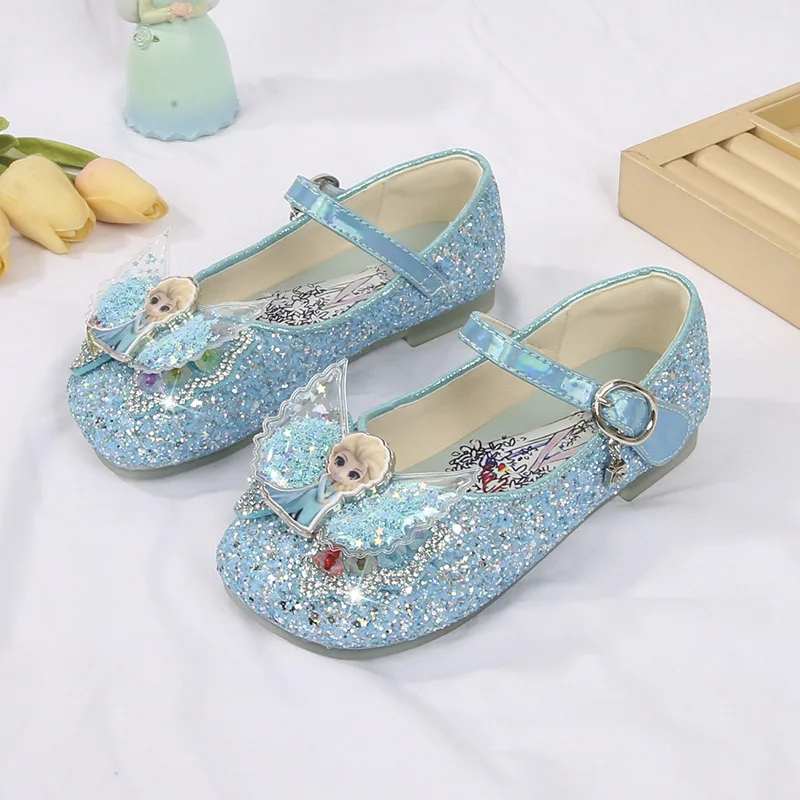 

Disney Girls' Leather Shoes Cute Flat Bottomed Wear-resistant Sequins Princess Children's Elsa Baby Pink Blue Shoes Size 24-35