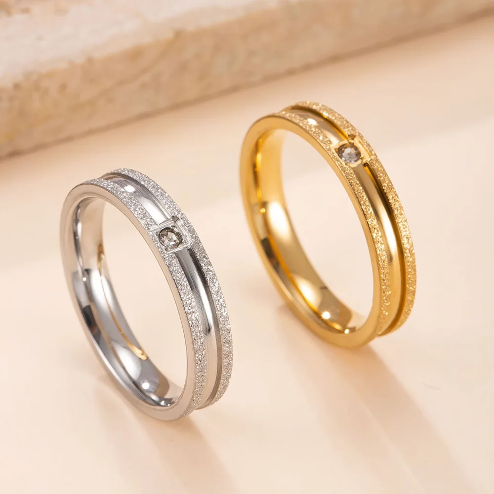 Stainless Steel Frosted Single Zircon Ring for Women PVD Gold Plated Jewelry