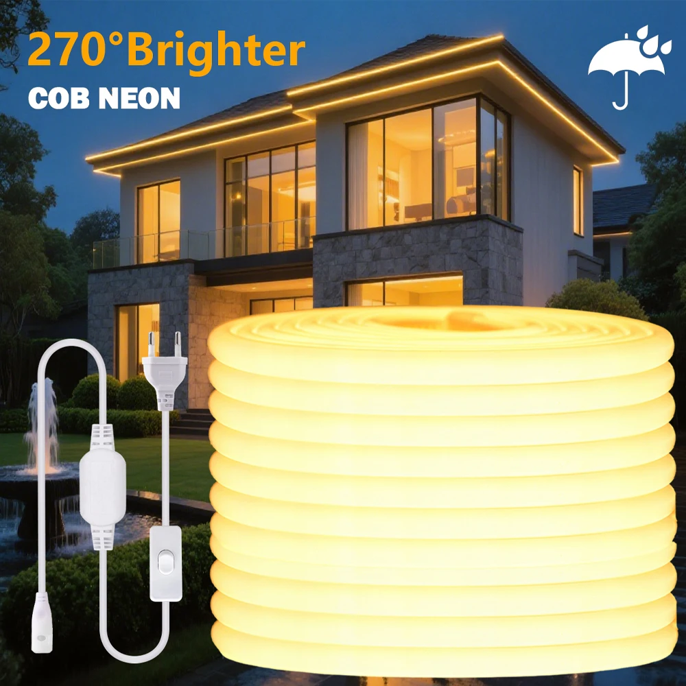 

220V COB LED Strip Light Switch ON/OFF 288LEDs/M IP67 Waterproof EU Plug Home Garden Decor 3000K 4000K 6000K Flexible Neon Lamp